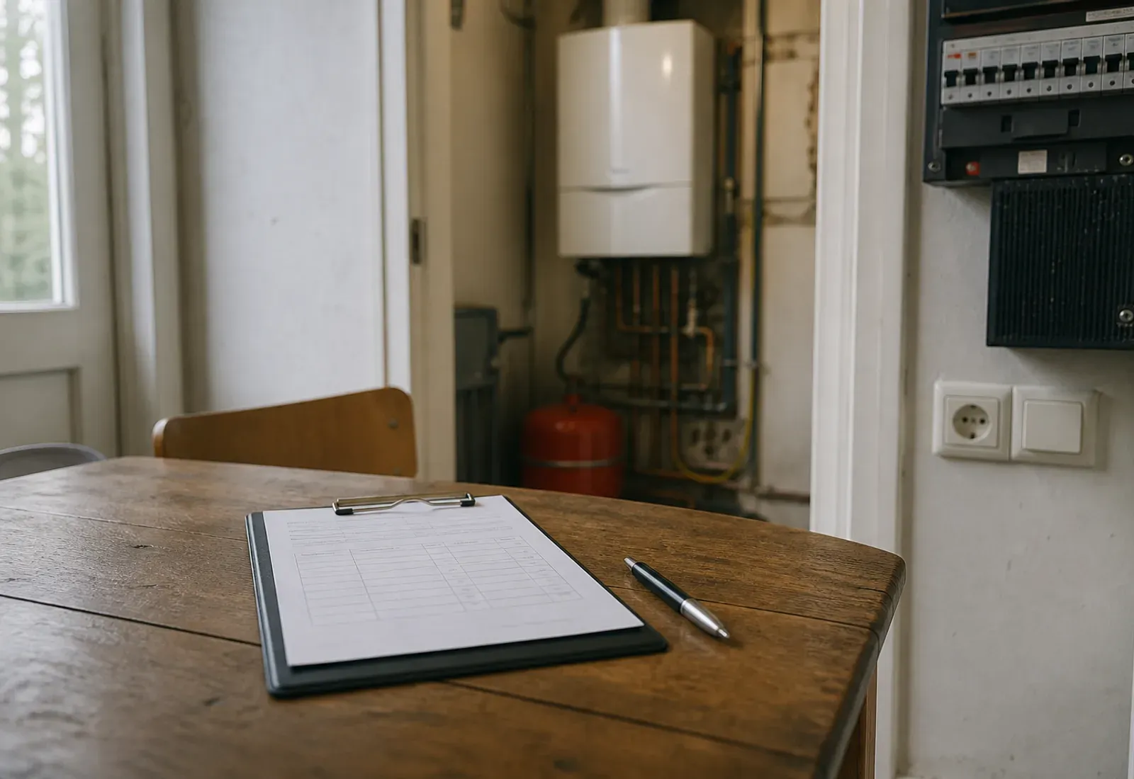 Onderhoudsrapport op een klembord op een keukentafel, cv-ketel op de achtergrond