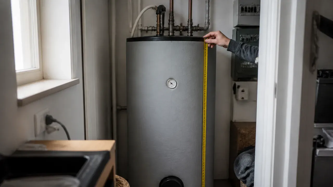 Staande warmwaterboiler met aansluitingen en isolatiemantel in een bijkeuken