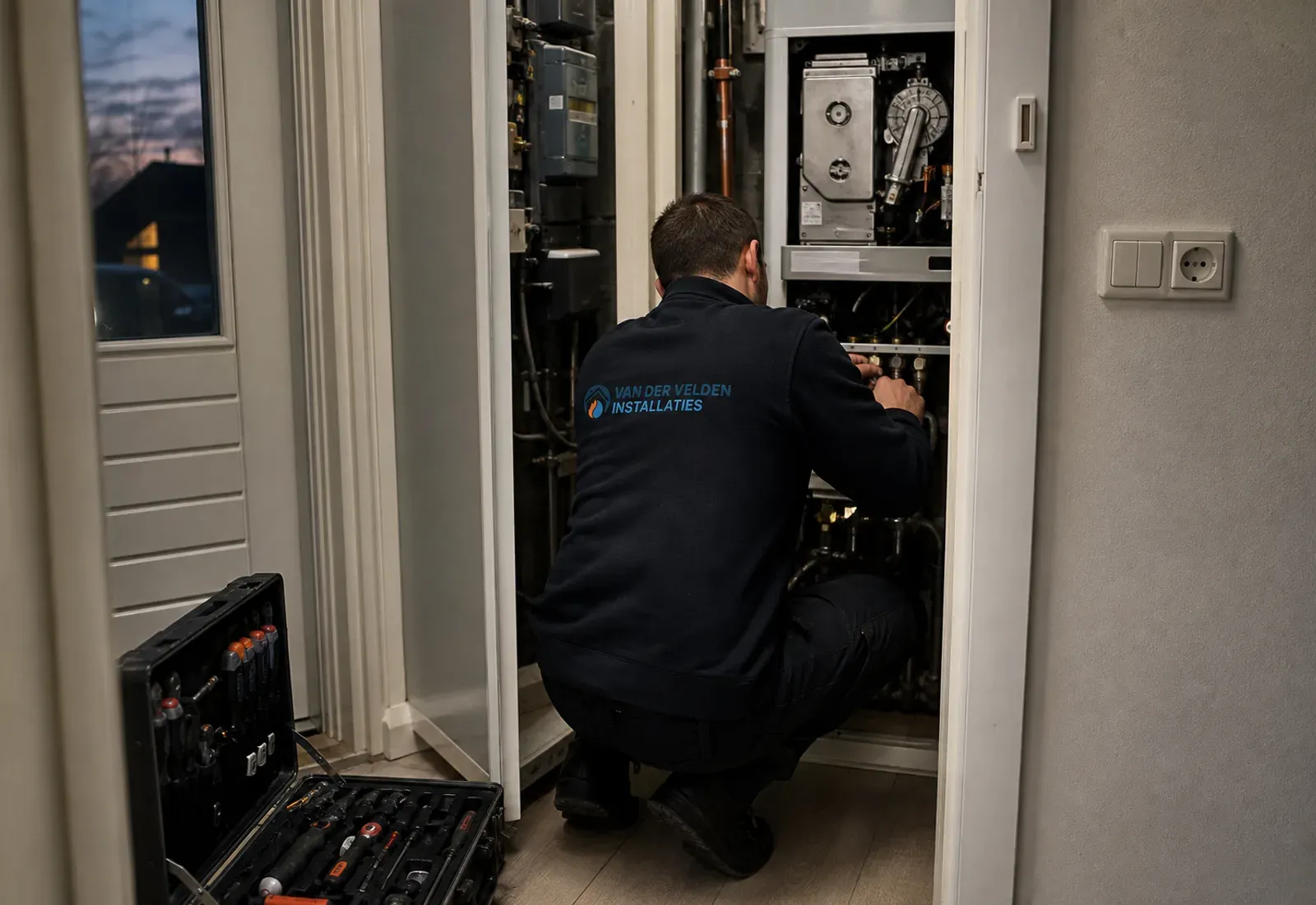 Monteur gehurkt voor een geopende cv-ketel in een krappe meterkast