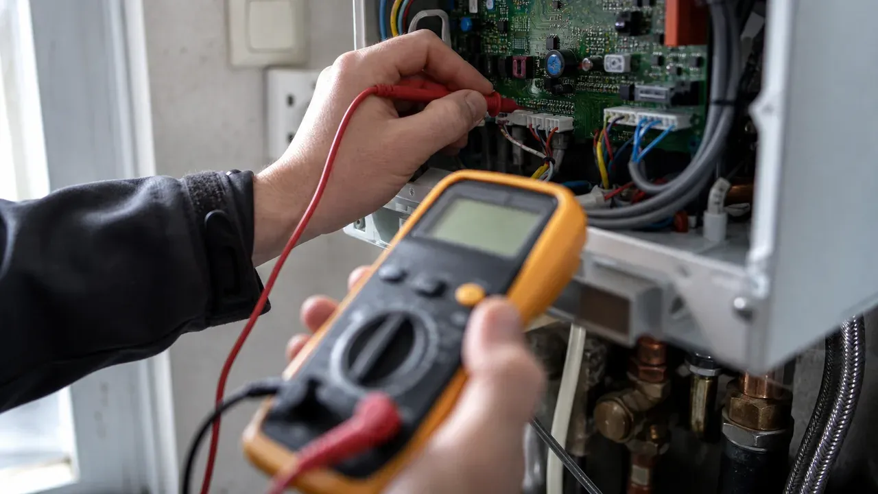 Multimeter met testpennen op de printplaat van een cv-ketel