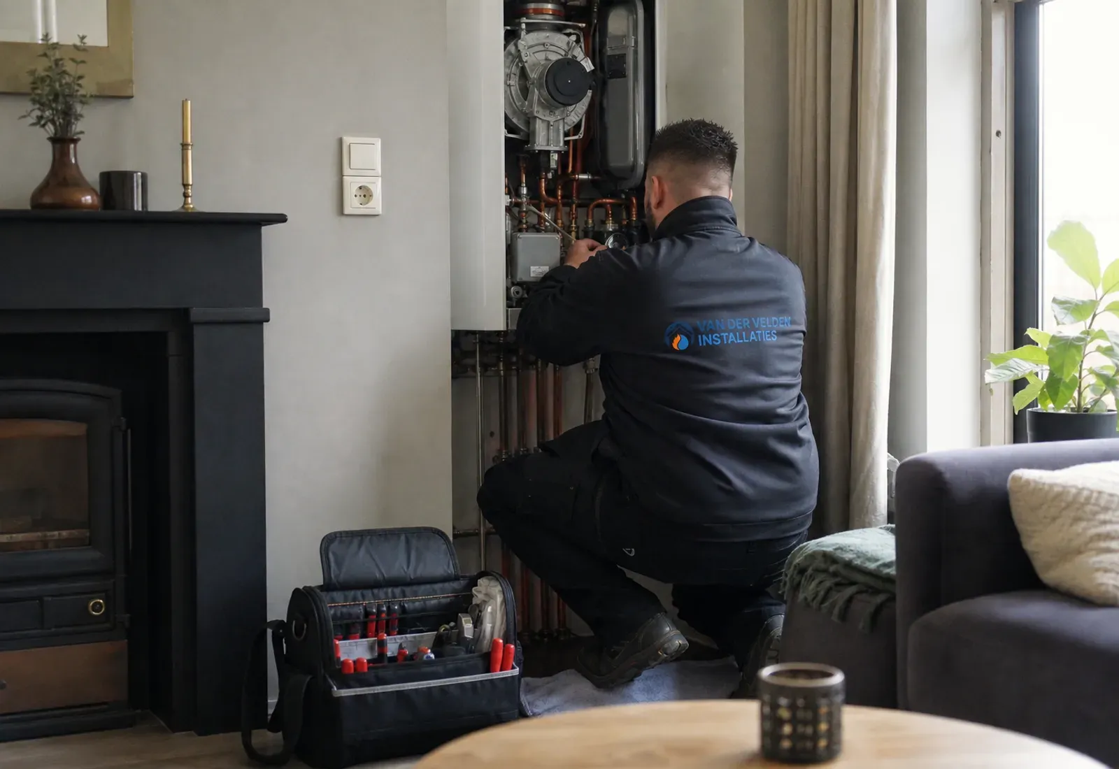 Installateur werkt gehurkt aan een geopende cv-ketel in een woonkamer