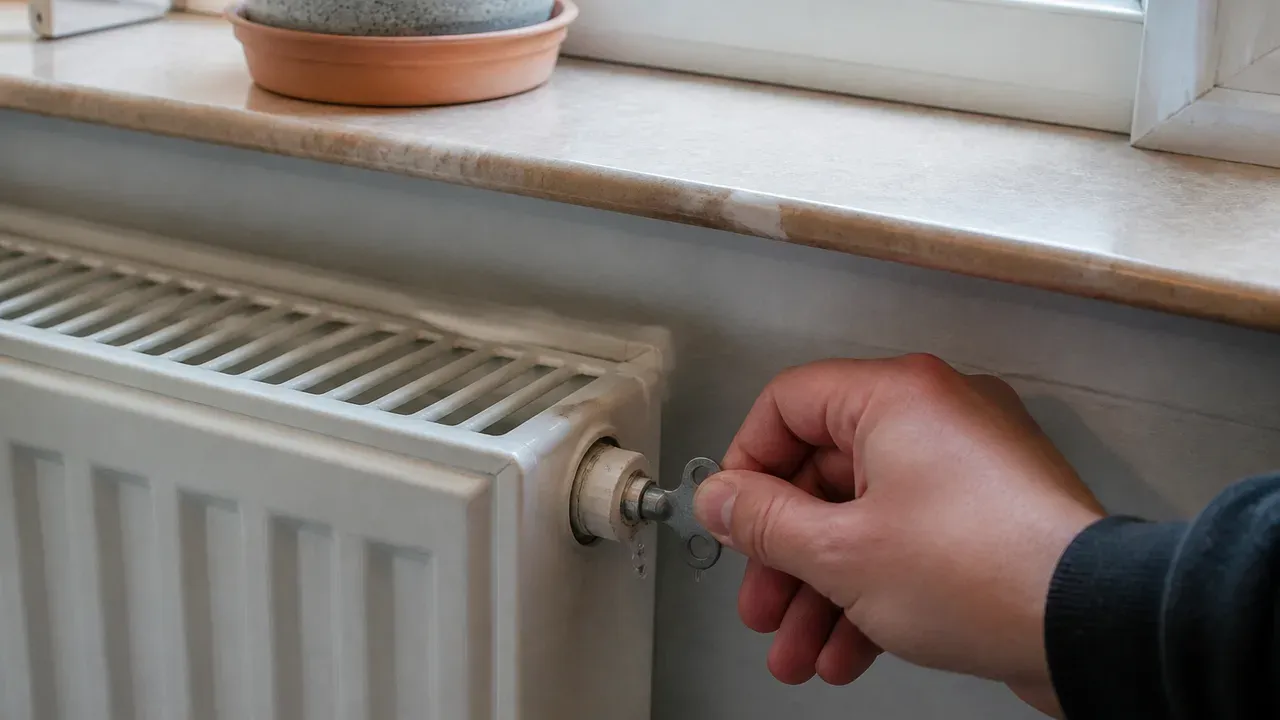 Radiator onder een raam wordt ontlucht met een radiatorsleutel