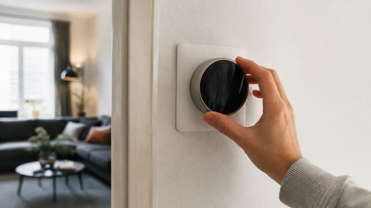 Hand stelt de temperatuur in op een slimme kamerthermostaat aan de wand